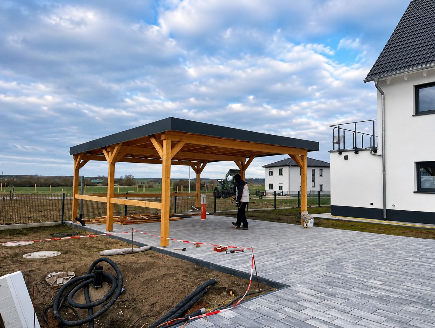 Moderner Holz-Carport neben einem Wohnhaus